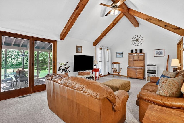 175 Wrights Brook Dr, Somers, CT 06071 - living area with light carpet, beam ceiling, a ceiling fan, and high vaulted ceiling