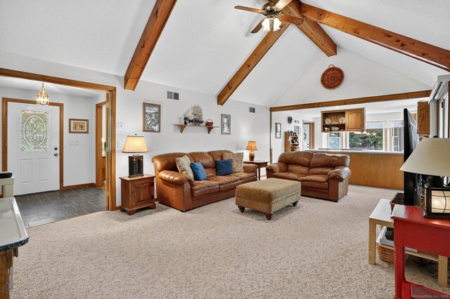 175 Wrights Brook Dr, Somers, CT 06071 - living room featuring ceiling fan, beam ceiling, carpet flooring, and high vaulted ceiling