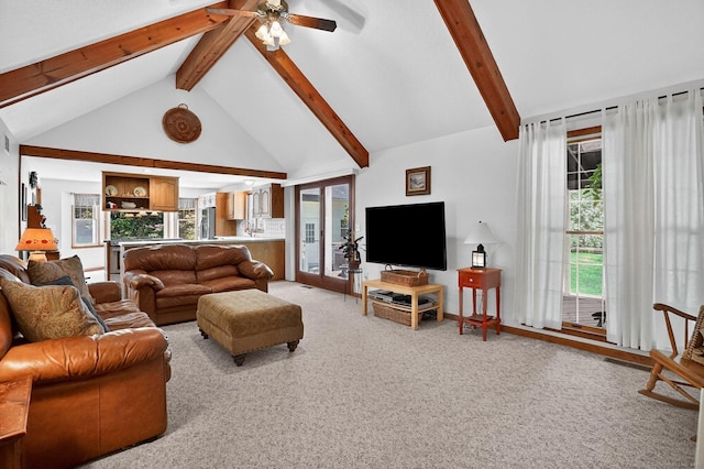 175 Wrights Brook Dr, Somers, CT 06071 - living room with beam ceiling, light carpet, high vaulted ceiling, and ceiling fan