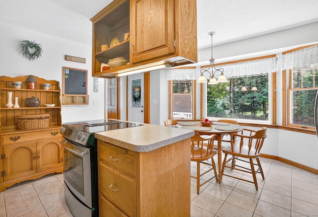 175 Wrights Brook Dr, Somers, CT 06071 - kitchen with electric range, a textured ceiling, light tile patterned floors, light countertops, and open shelves
