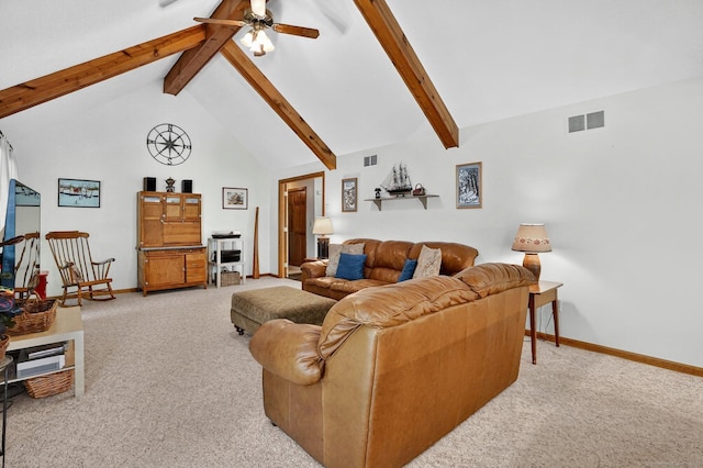 175 Wrights Brook Dr, Somers, CT 06071 - living area with light carpet, ceiling fan, beamed ceiling, and high vaulted ceiling