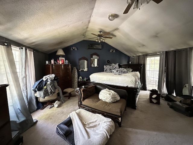 55 Kenwood Cir, Bloomfield, CT 06002 - bedroom featuring carpet flooring, lofted ceiling, an AC wall unit, a textured ceiling, and a ceiling fan