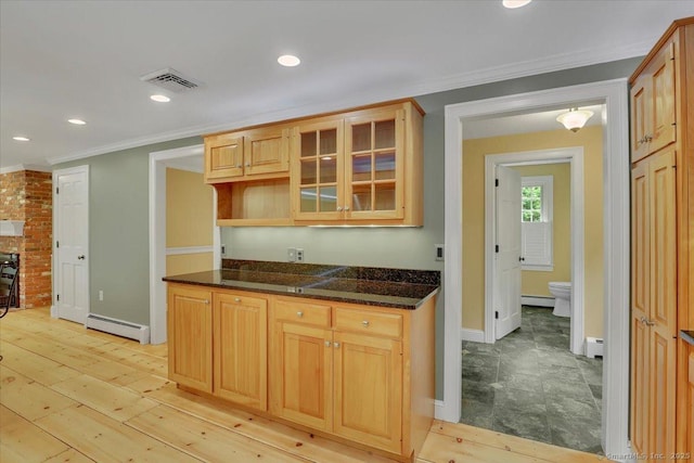 47 Cricket Ln, Somers, CT 06071 - kitchen with baseboard heating, ornamental molding, a baseboard heating unit, dark stone counters, and baseboards