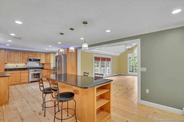47 Cricket Ln, Somers, CT 06071 - kitchen with stainless steel appliances, light wood-style flooring, crown molding, recessed lighting, and open shelves