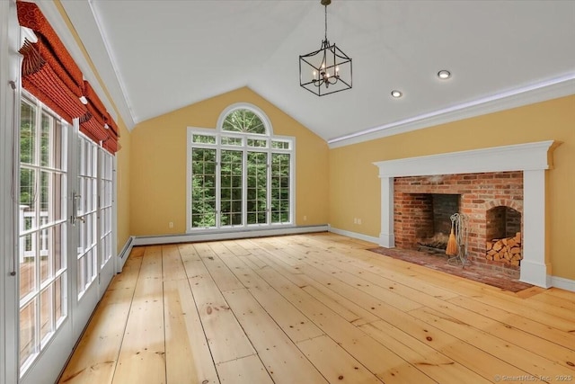 47 Cricket Ln, Somers, CT 06071 - unfurnished living room with a chandelier, lofted ceiling, wood-type flooring, baseboards, and a fireplace