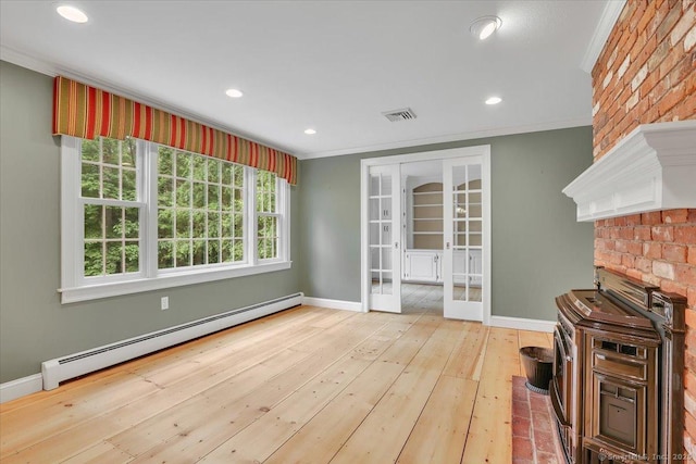 47 Cricket Ln, Somers, CT 06071 - living room featuring a baseboard heating unit, french doors, ornamental molding, baseboards, and recessed lighting
