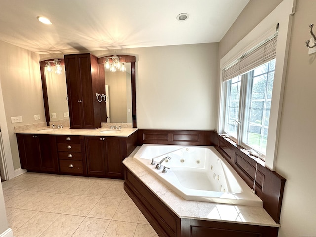 57 Church St, Shelton, CT 06484 - full bath featuring a tub with jets, double vanity, tile patterned flooring, and recessed lighting