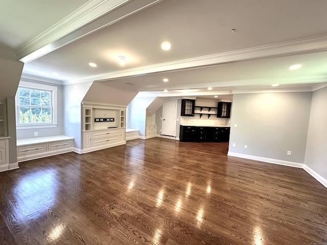 57 Church St, Shelton, CT 06484 - unfurnished living room featuring ornamental molding, dark wood-style floors, recessed lighting, and built in shelves