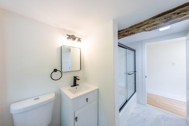 219 Redding Rd, Redding, CT 06896 - bathroom with vanity, marble look tile flooring, and enclosed tub / shower combo