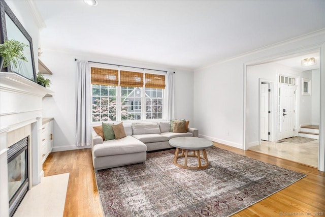 22 Woods Way Unit 22, Redding, CT 06896 - living room with crown molding, a fireplace, and light wood-style floors