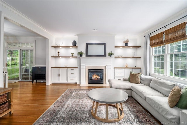 22 Woods Way Unit 22, Redding, CT 06896 - living area with a fireplace with flush hearth, wood finished floors, and crown molding
