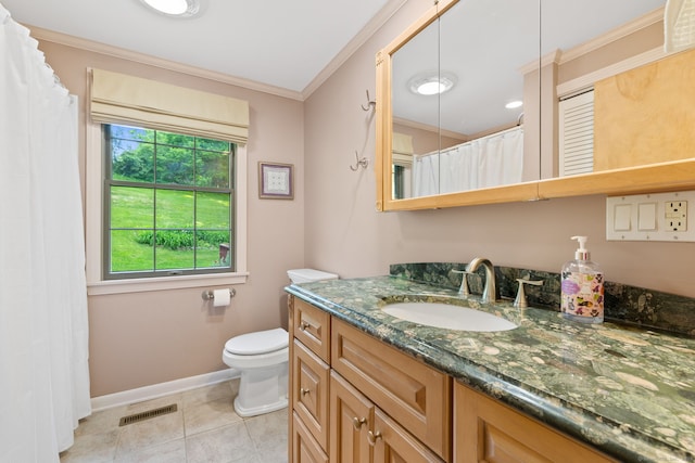 389 Chamberlain Rd, Middletown, CT 06457 - full bath featuring vanity, ornamental molding, tile patterned flooring, and a shower with shower curtain