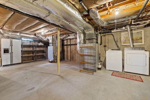 389 Chamberlain Rd, Middletown, CT 06457 - unfinished below grade area with white refrigerator with ice dispenser and washer and clothes dryer