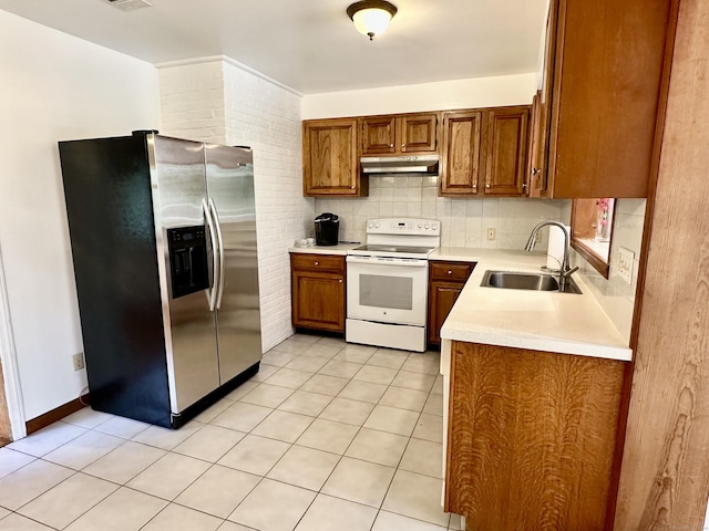 846 Sawmill Rd, West Haven, CT 06516 - kitchen featuring stainless steel fridge with ice dispenser, white range with electric cooktop, under cabinet range hood, light countertops, and brown cabinetry
