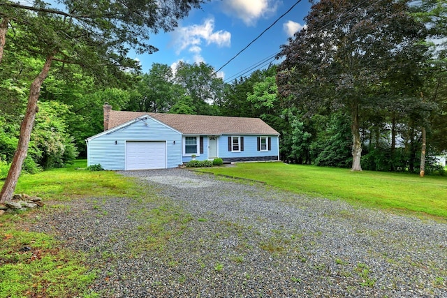 17 Brush Hill Rd, Clinton, CT 06413 - ranch-style house with gravel driveway, an attached garage, a chimney, and a front lawn