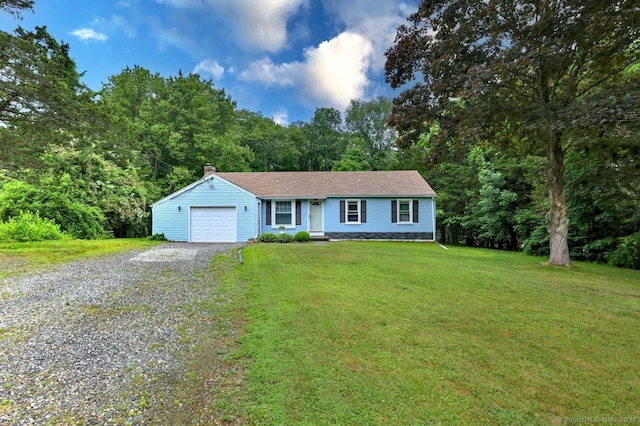 17 Brush Hill Rd, Clinton, CT 06413 - ranch-style house featuring a garage, driveway, a front lawn, and a chimney