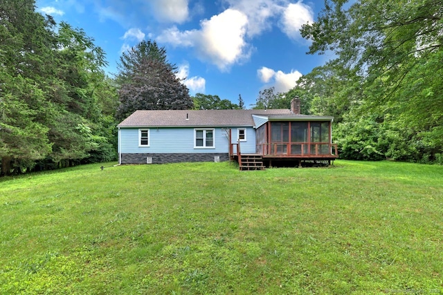 17 Brush Hill Rd, Clinton, CT 06413 - back of property with a sunroom, a chimney, and a yard