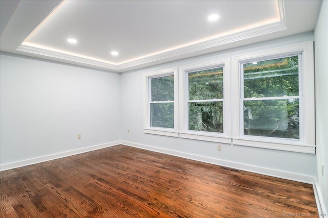3 Brookside Trl, Monroe, CT 06468 - empty room with healthy amount of natural light, a raised ceiling, dark wood-style floors, and recessed lighting