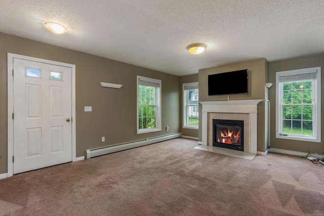 46 Dewey St, Middletown, CT 06457 - unfurnished living room featuring a baseboard radiator, carpet, a textured ceiling, a fireplace, and baseboards