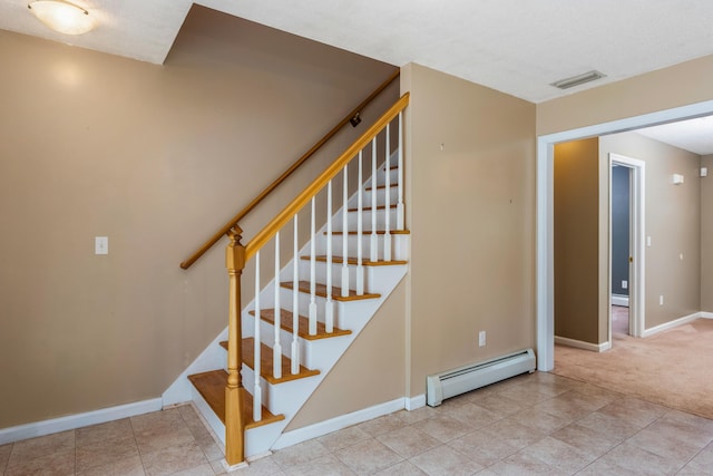 46 Dewey St, Middletown, CT 06457 - staircase featuring a baseboard radiator, baseboards, and carpet flooring