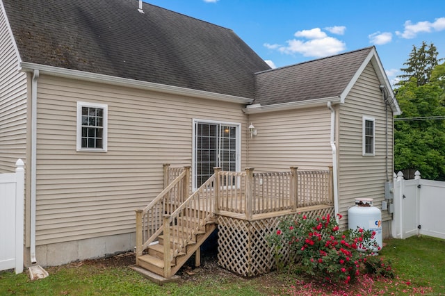 46 Dewey St, Middletown, CT 06457 - rear view of house featuring a deck, a shingled roof, and a gate