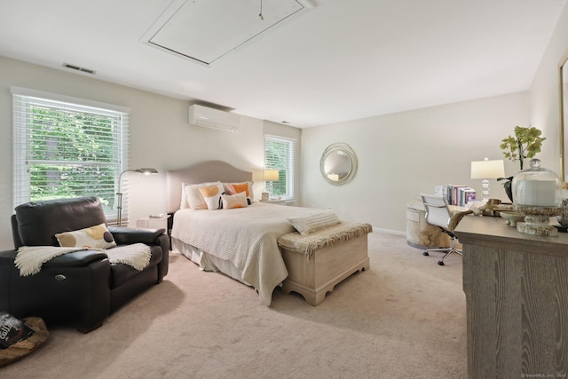 8 Highview Rd, Madison, CT 06443 - bedroom with a wall mounted air conditioner, multiple windows, light colored carpet, and attic access