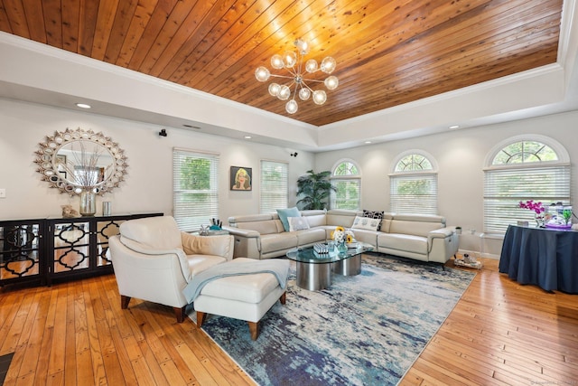 8 Highview Rd, Madison, CT 06443 - living room featuring a raised ceiling, wood ceiling, crown molding, a chandelier, and wood-type flooring