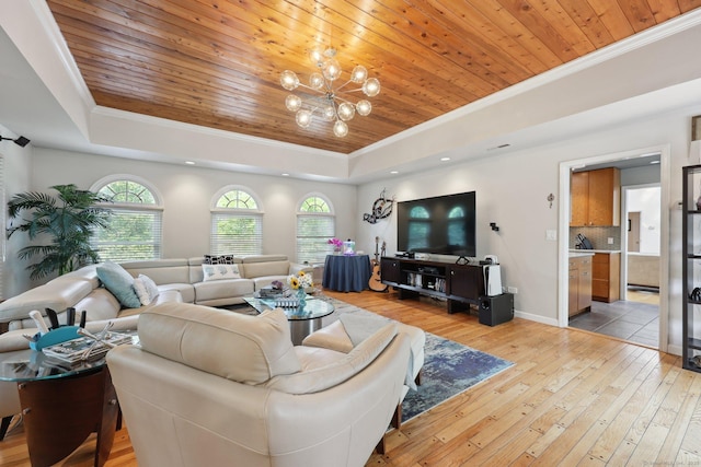 8 Highview Rd, Madison, CT 06443 - living room with a tray ceiling, wooden ceiling, light wood-style flooring, ornamental molding, and a chandelier