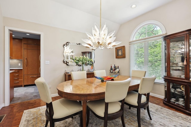 8 Highview Rd, Madison, CT 06443 - dining area with a chandelier, lofted ceiling, and recessed lighting