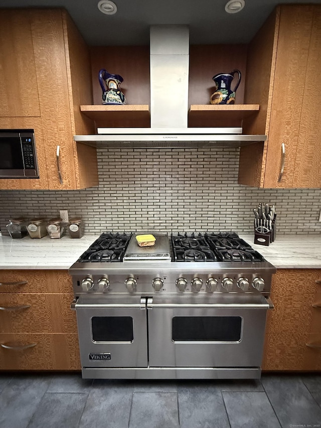 8 Highview Rd, Madison, CT 06443 - kitchen featuring stainless steel appliances, open shelves, brown cabinetry, ventilation hood, and decorative backsplash