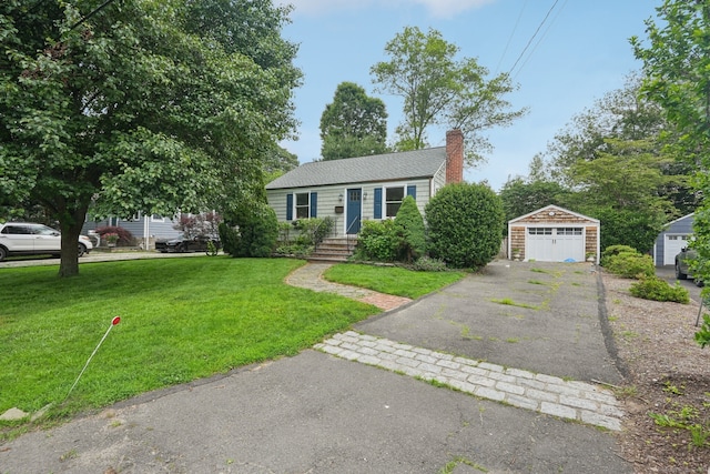 37 Cedar Crest Pl, Norwalk, CT 06854 - view of front of property with an outdoor structure, a garage, a chimney, driveway, and a front lawn