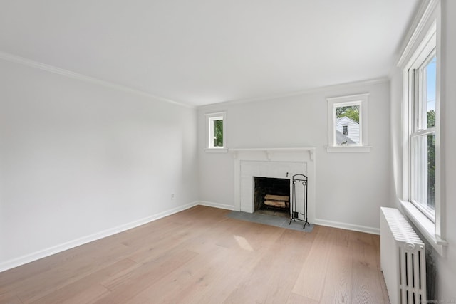37 Cedar Crest Pl, Norwalk, CT 06854 - unfurnished living room featuring radiator heating unit, light wood-style floors, a brick fireplace, ornamental molding, and plenty of natural light