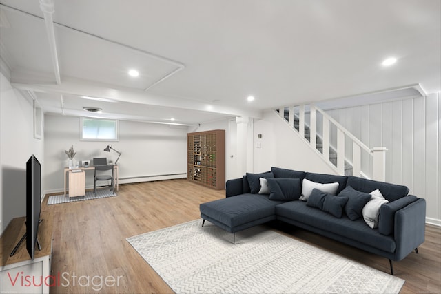 37 Cedar Crest Pl, Norwalk, CT 06854 - living room featuring wood finished floors, stairs, a baseboard radiator, recessed lighting, and an office area
