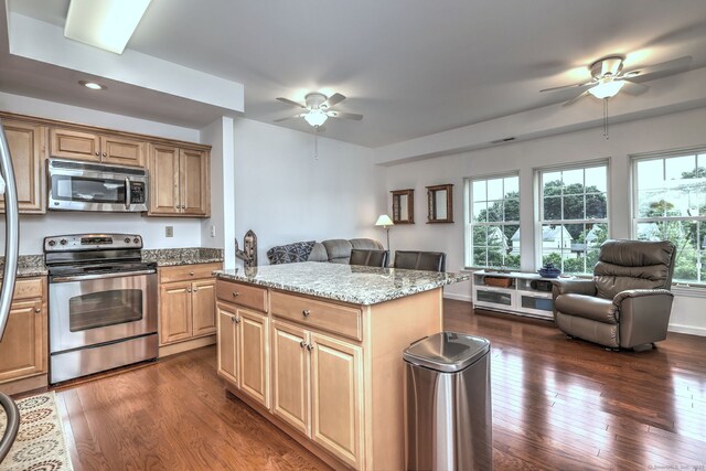 510 First Ave Unit 306, West Haven, CT 06516 - kitchen with stainless steel appliances, ceiling fan, open floor plan, dark wood-style flooring, and recessed lighting