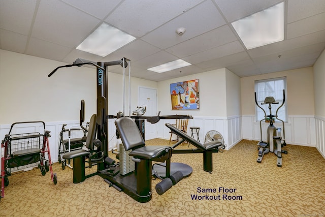 510 First Ave Unit 306, West Haven, CT 06516 - workout room with carpet floors, a paneled ceiling, and a wainscoted wall