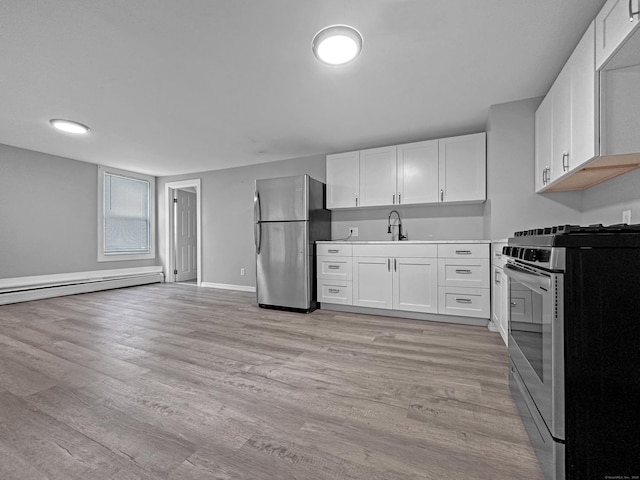 38 Hammond St, Vernon, CT 06066 - kitchen with stainless steel appliances, white cabinetry, light wood-type flooring, light countertops, and baseboard heating