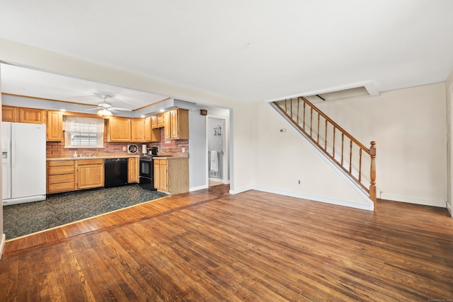 51 Goodwin St, Manchester, CT 06040 - kitchen with black appliances, dark wood finished floors, light countertops, decorative backsplash, and a ceiling fan
