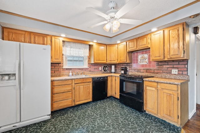 51 Goodwin St, Manchester, CT 06040 - kitchen with black appliances, dark floors, light countertops, backsplash, and crown molding