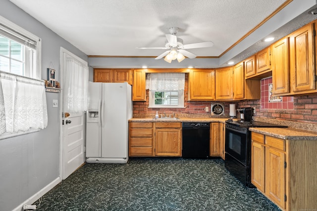 51 Goodwin St, Manchester, CT 06040 - kitchen featuring black appliances, a ceiling fan, tasteful backsplash, dark flooring, and a textured ceiling