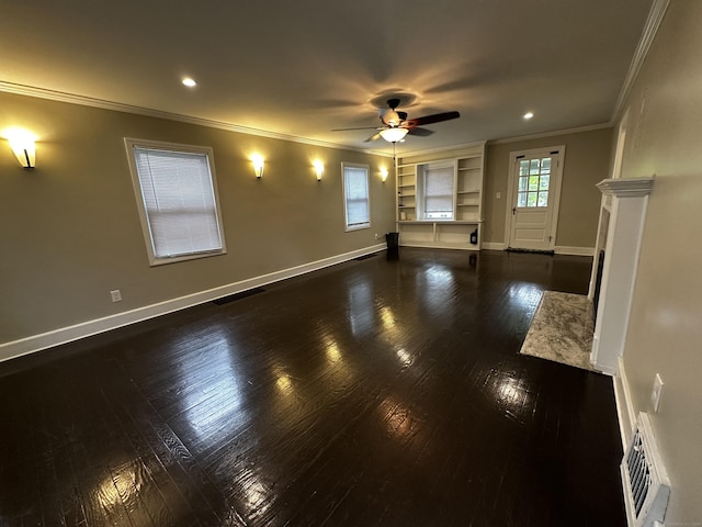 82 Trowbridge Pl, Naugatuck, CT 06770 - unfurnished room with ceiling fan, crown molding, dark wood-style flooring, built in features, and recessed lighting