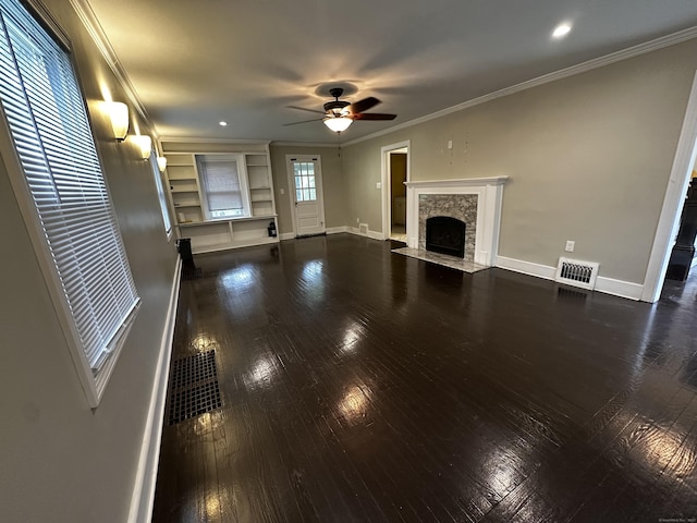 82 Trowbridge Pl, Naugatuck, CT 06770 - unfurnished living room with dark wood-style flooring, a ceiling fan, a fireplace, crown molding, and recessed lighting