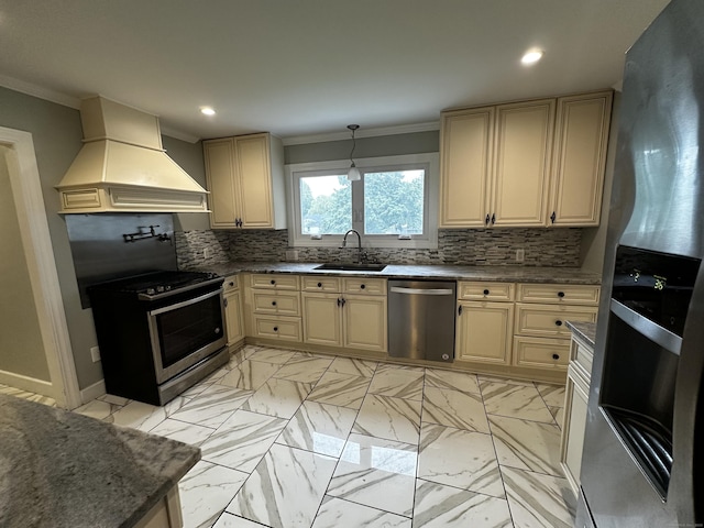 82 Trowbridge Pl, Naugatuck, CT 06770 - kitchen with appliances with stainless steel finishes, custom exhaust hood, cream cabinetry, crown molding, and decorative backsplash