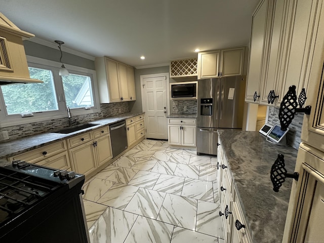 82 Trowbridge Pl, Naugatuck, CT 06770 - kitchen featuring black appliances, crown molding, tasteful backsplash, cream cabinetry, and recessed lighting