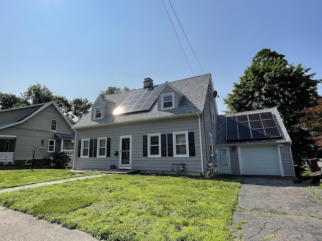 82 Trowbridge Pl, Naugatuck, CT 06770 - cape cod-style house with solar panels, an attached garage, a chimney, and a front yard