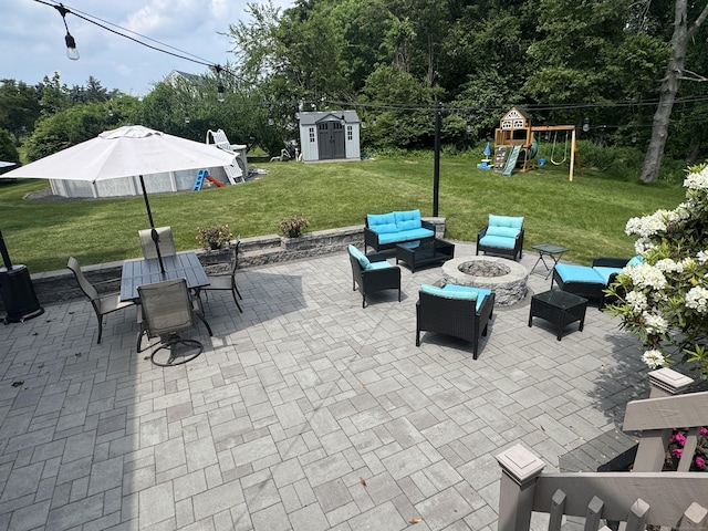 20 Celestial Ln, Wallingford, CT 06492 - view of patio featuring an outdoor living space with a fire pit, outdoor dining space, and a playground