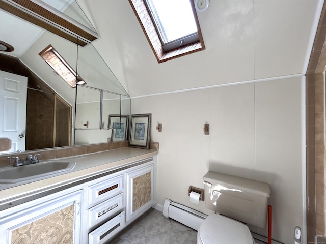 365 Ruth St, Bridgeport, CT 06606 - full bathroom featuring baseboard heating, vaulted ceiling, a skylight, vanity, and tile patterned flooring