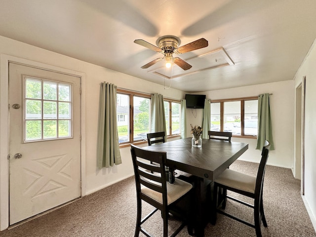 11 Polk Ln, Windsor Locks, CT 06096 - dining space with a ceiling fan, dark carpet, plenty of natural light, and attic access