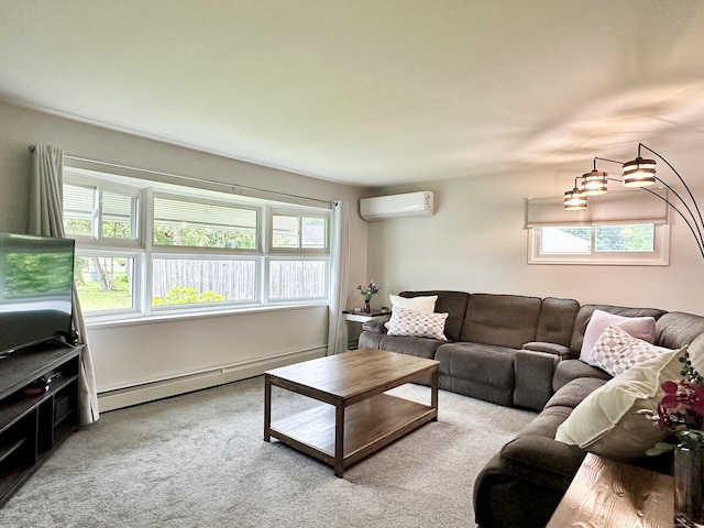 11 Polk Ln, Windsor Locks, CT 06096 - living room featuring an AC wall unit, carpet flooring, and a baseboard radiator
