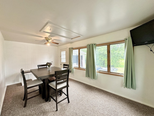 11 Polk Ln, Windsor Locks, CT 06096 - dining area with attic access, light colored carpet, plenty of natural light, and a ceiling fan
