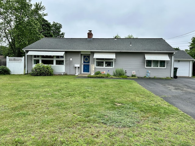 11 Polk Ln, Windsor Locks, CT 06096 - ranch-style house featuring a chimney, asphalt driveway, a shingled roof, and a garage